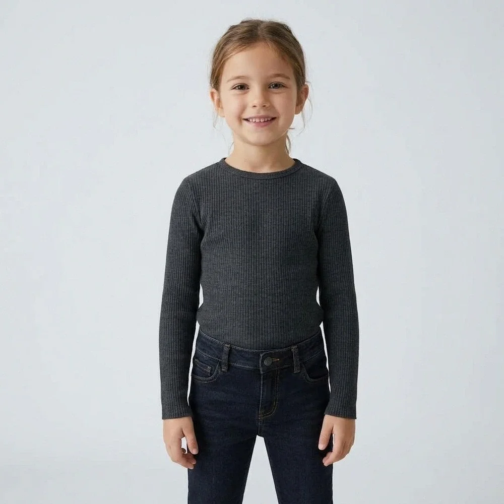 Unbranded Ribbed Knit Top Kids Size 6 Charcoal Grey Excellent Long Sleeve Basic